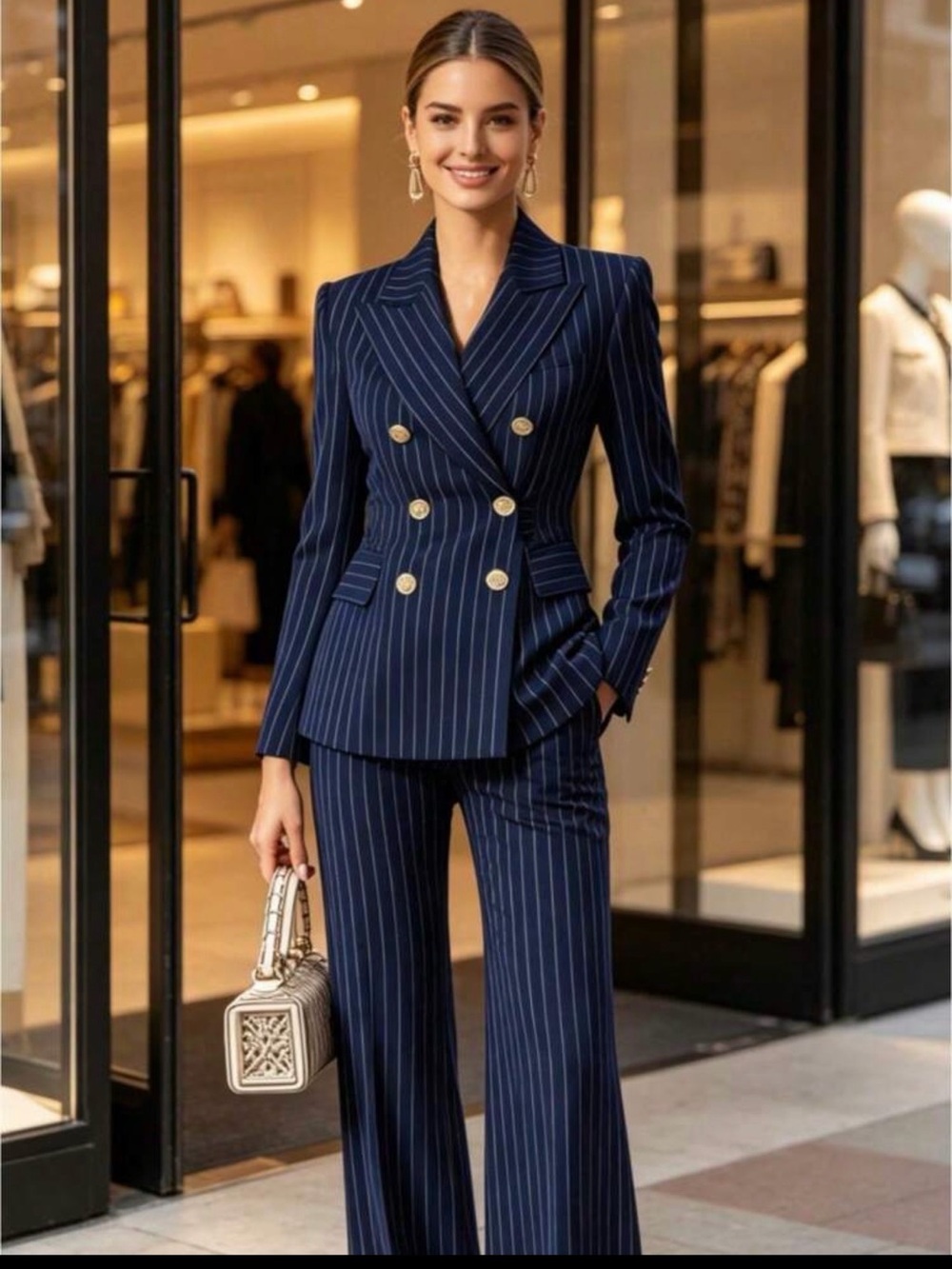 Navy Pinstripe Double-Breasted Women's Suit Pants